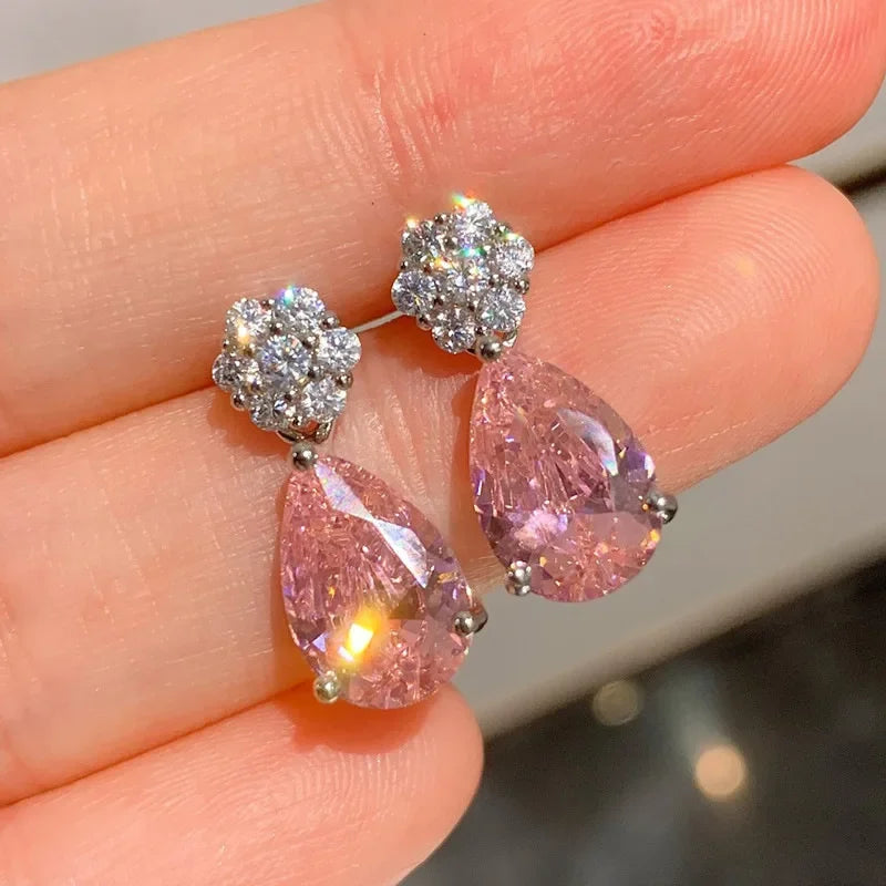 Ohrringe Zirkonia Rosa Koreanisches Silber 2026 – Ohrstecker Luxus Mode Schmuck Geschenk Frau