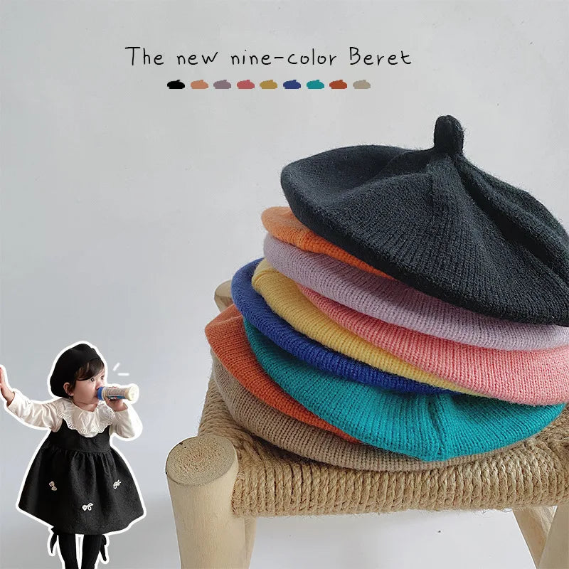 Béret Tricoté Enfant Couleur Unie – Bonnet Peintre Chaud Automne Hiver Fille Garçon Tendance