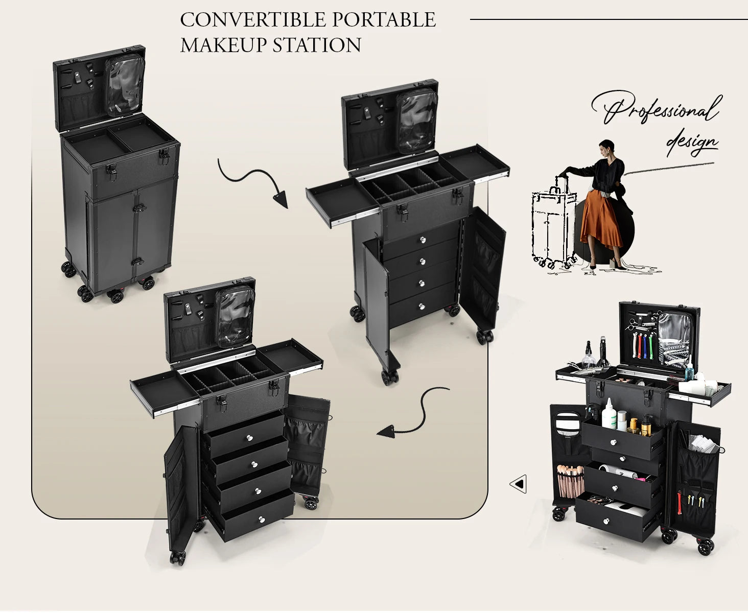 Vanity Case à Roulettes 4 Tiroirs Professionnel – Maquilleur & Coiffeur | Mallette Cosmétique Voyage