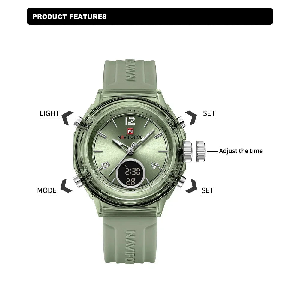 Montre Femme NAVIFORCE NF7109 Quartz Double Affichage – Silicone Lumineuse Étanche Fashion