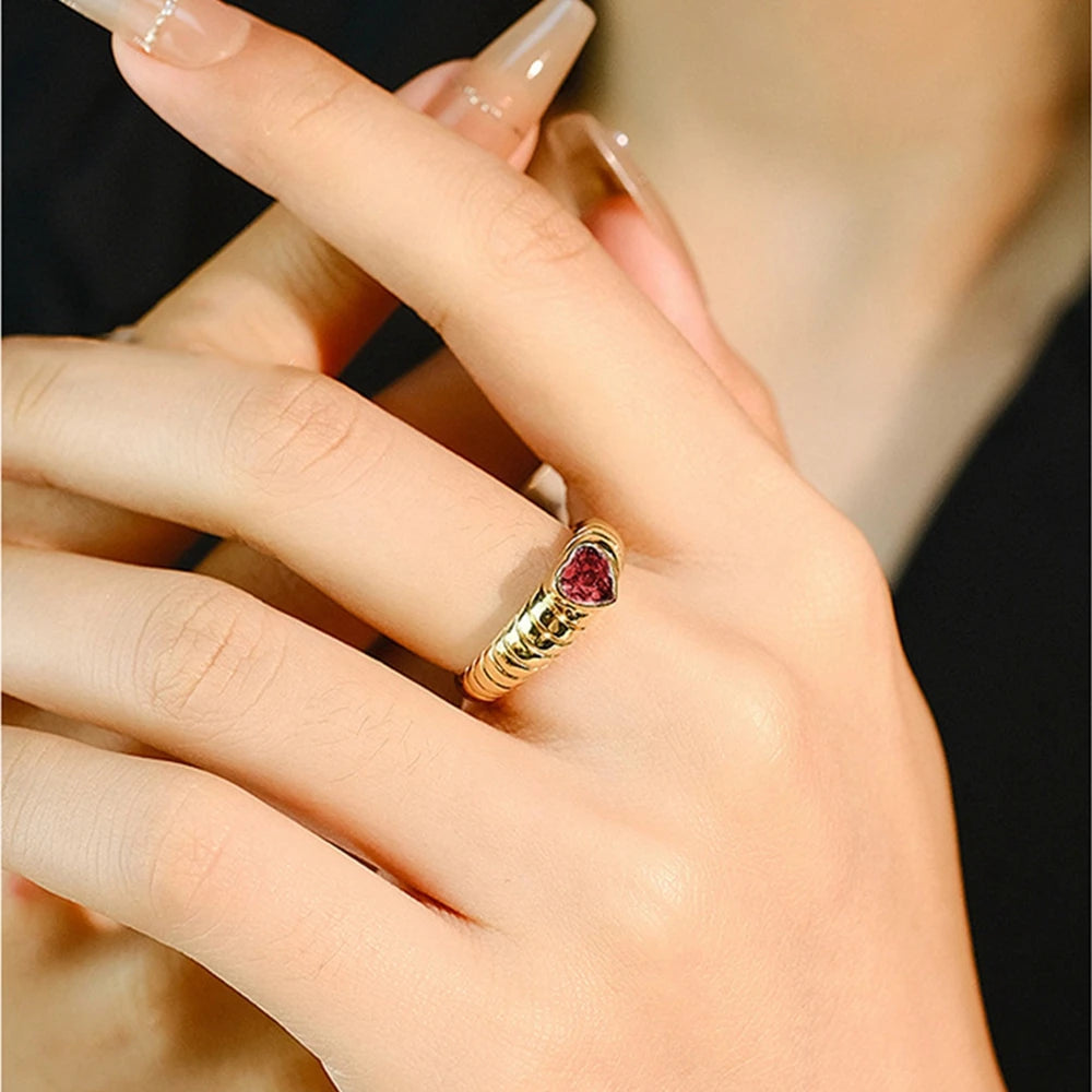 Bague Vintage Cœur Aigue-Marine & Rubis 6MM Plaqué Or 18K Argent 925 – Pierre Précieuse Naturelle | Joaillerie Luxe Femme | Cadeau Bijou Premium