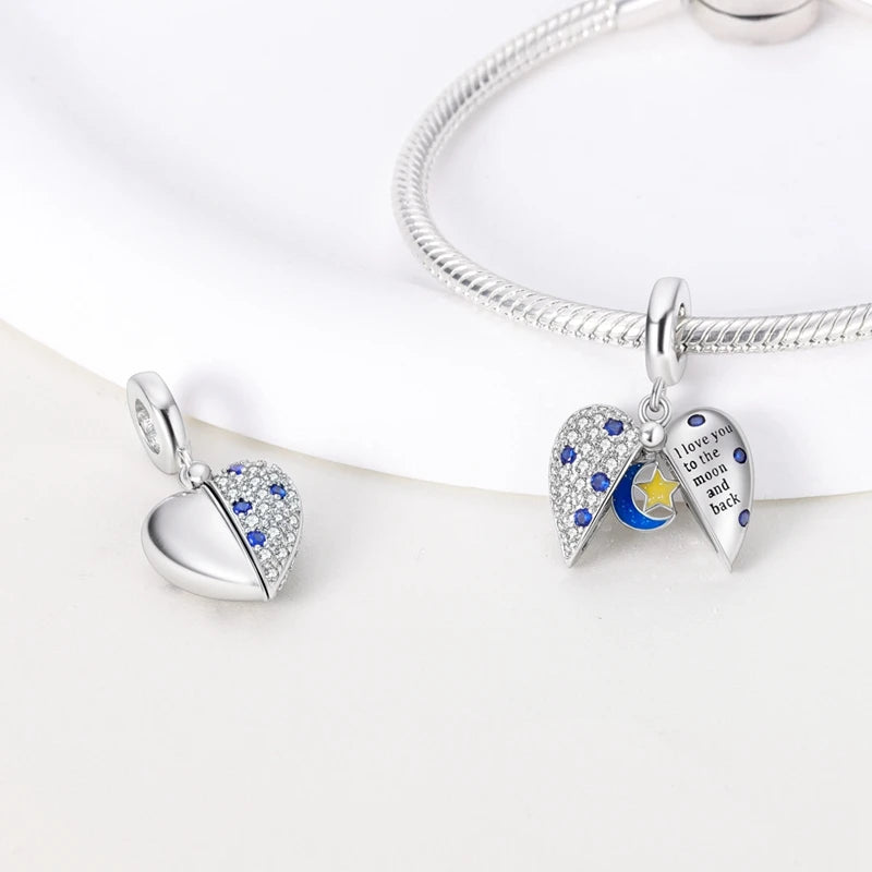 Charm Argent 925 Bleu Rotatif – Œil Démon, Main, Lune & Ciel Étoilé | Perle Pendentif Bracelet Femme | Bijou Spirituel & Mystique