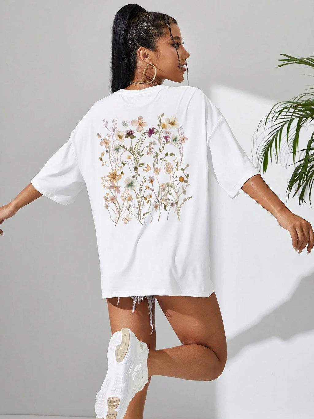 T-Shirt Femme Coton Imprimé Fleurs Manches Courtes Ample Doux Respirant – Top Casual Confortable | Street Style