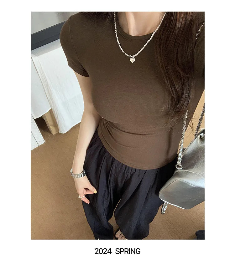 Crop Top Basique Uni Femme – Manches Courtes Col Rond Ajusté | Style Y2K Vintage Harajuku Streetwear