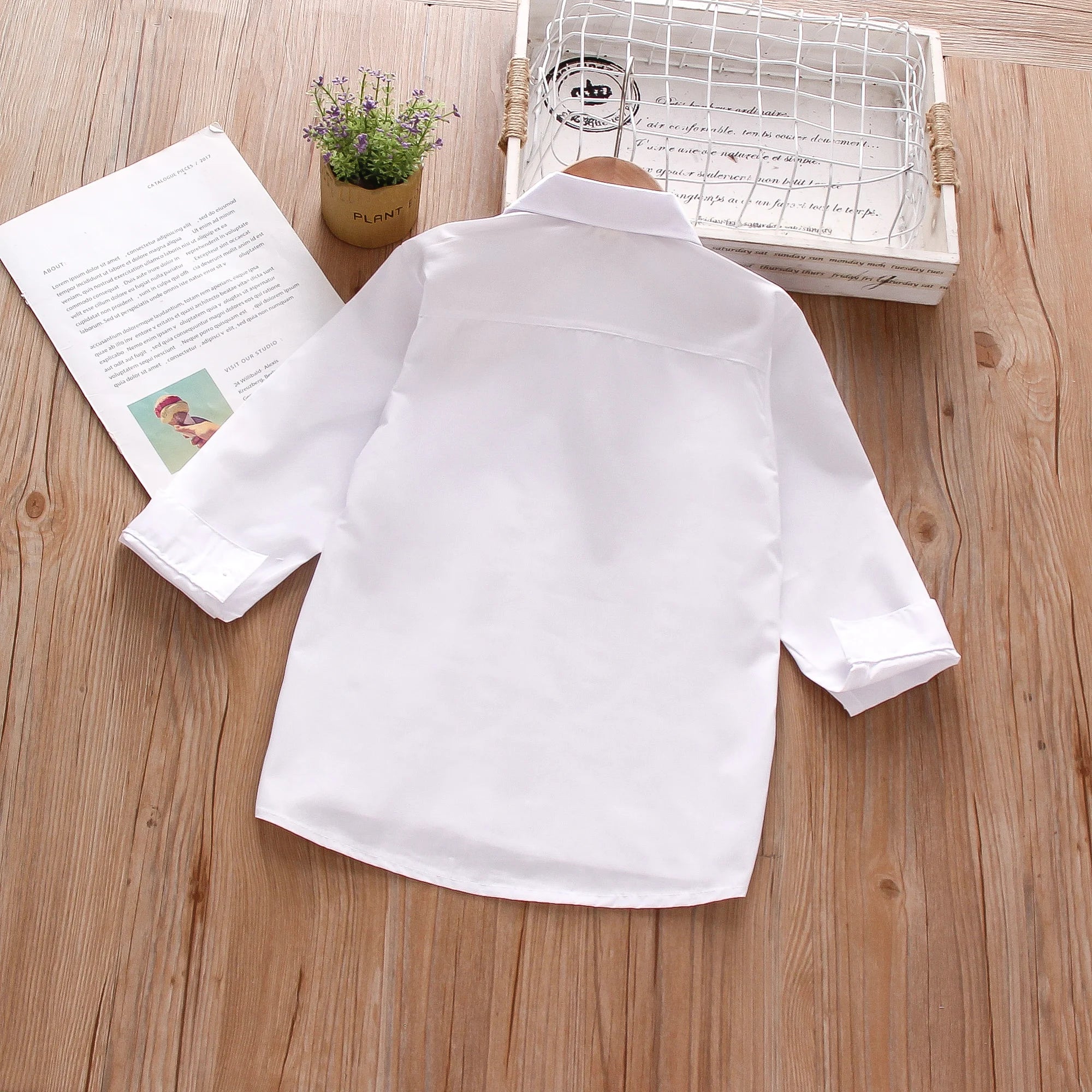 Chemise Garçon Manches Longues Col Rabattu Poche Épaule – Chemise Blanche Confortable Printemps Automne Enfant