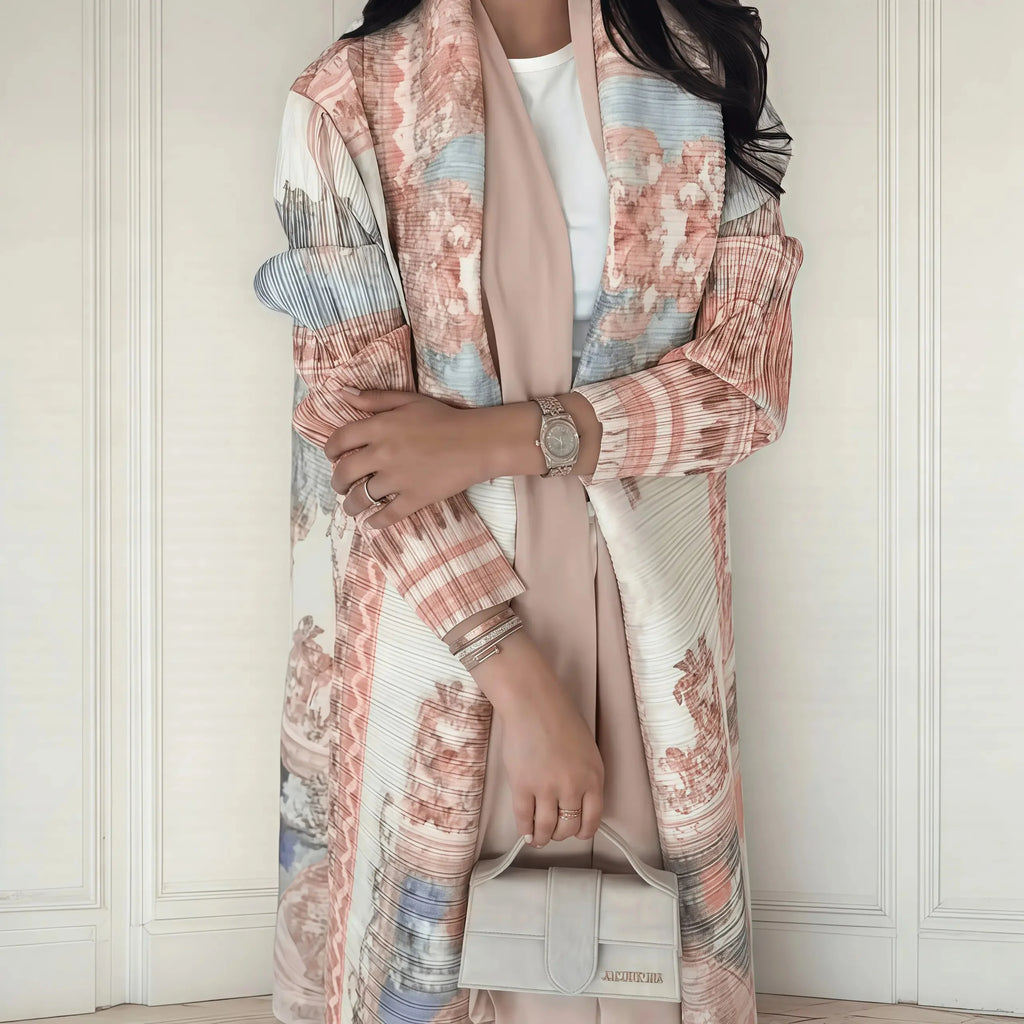 Kimono Cardigan Long Femme Abaya Imprimé Vintage Miyake Fluide Ample – Mode Modesté & Élégance