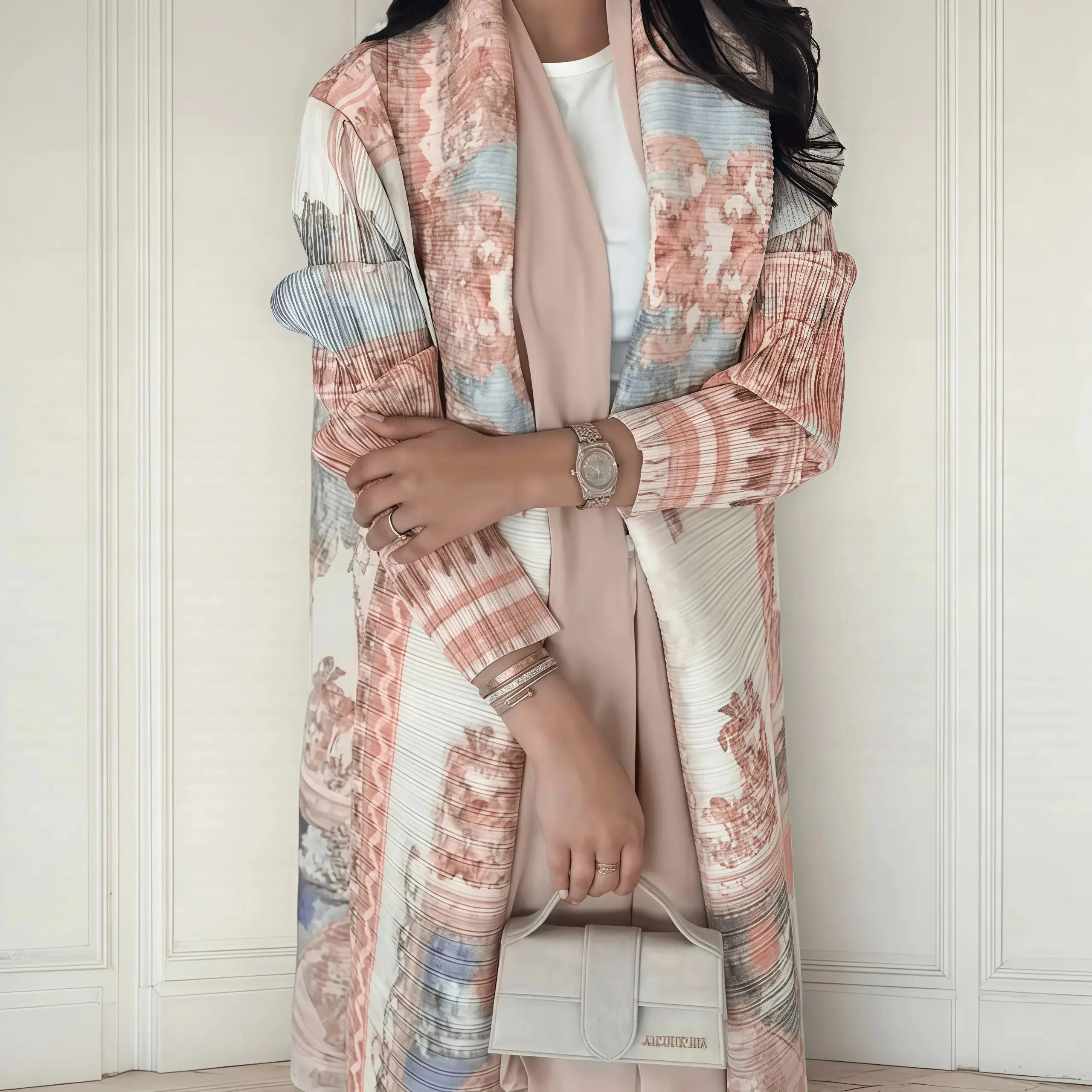 Kimono Cardigan Long Femme Abaya Imprimé Vintage Miyake Fluide Ample – Mode Modesté & Élégance