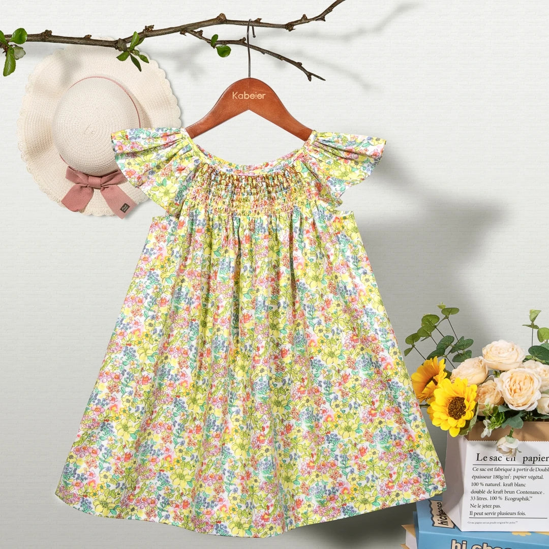 Robe Été Fille Fleurie Smockée Manches Volantes – Tenue Quotidienne Adorable 1-6 Ans