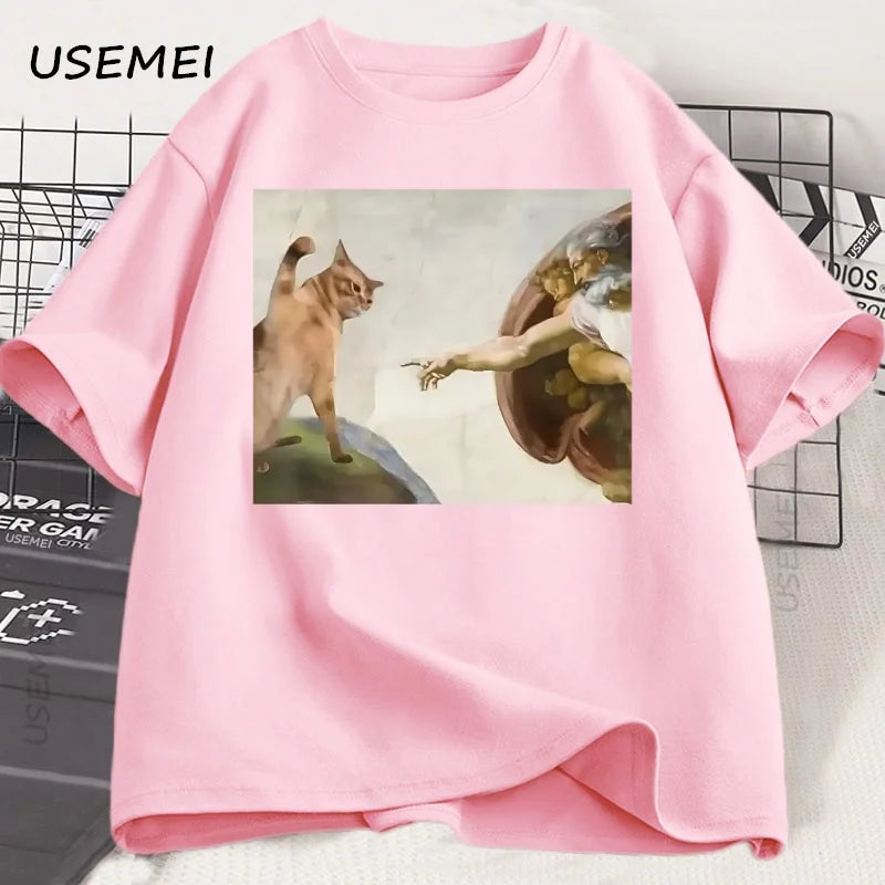 T-Shirt Unisexe Humour Chat Dieu Création d'Adam Meme Jésus Coton Vintage Manches Courtes Col Rond – Streetwear Meme Culte | Mode Casual