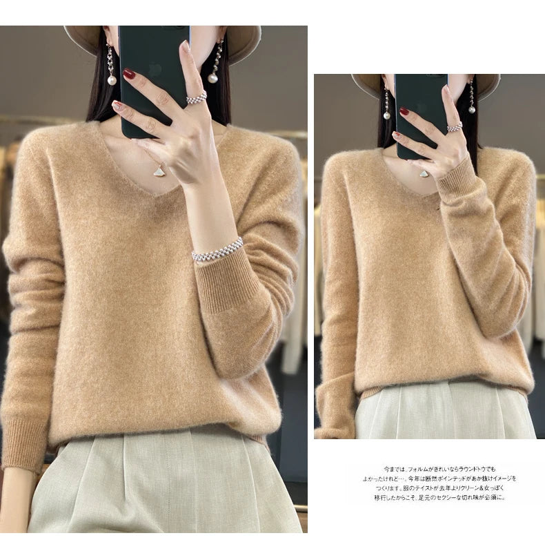 Kaschmirpullover 100% Wolle V-Ausschnitt Damen - Strick Casual Korean Fashion Herbst Winter