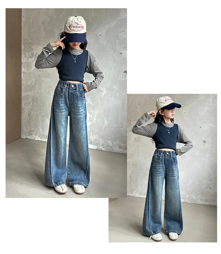 Jean Large Fille Taille Haute Bleu Foncé – Pantalon Denim Jambe Large Retroussable Enfant 4-14 Ans
