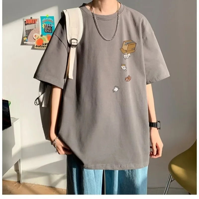 T-Shirt Oversize Unisexe Korean Fashion Imprimé Chaton Cartoon Vintage Américain Manches Courtes Loose Tendance Couple Streetwear Grande Taille M-8XL – Tee Shirt Kawaii Premium | Mode Couple Streetwear Premium