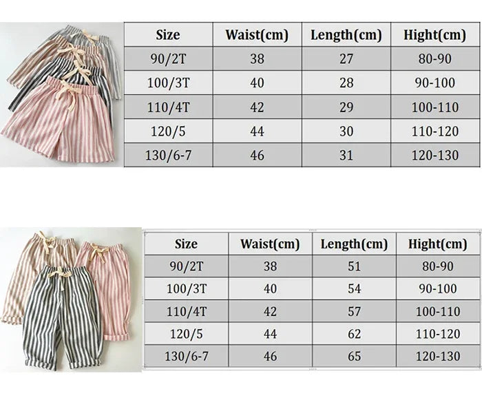 Short Lin Coton Enfant Rayures – Pantalon Court Casual Vintage Ample Garçon Fille Été