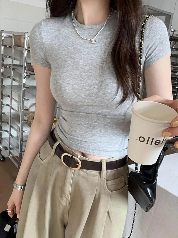 Crop Top Basique Uni Femme – Manches Courtes Col Rond Ajusté | Style Y2K Vintage Harajuku Streetwear