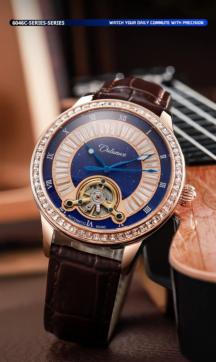 Montre Homme Tourbillon Automatique Mécanique – Cadran Strass Lumineux Sport Étanche Acier