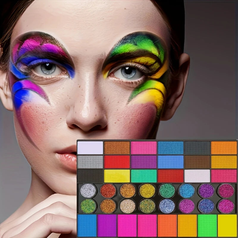 Kit Maquillage Artistique 42 Couleurs – Peinture Visage & Corps UV Néon Fluorescent | Festival Halloween Glitter