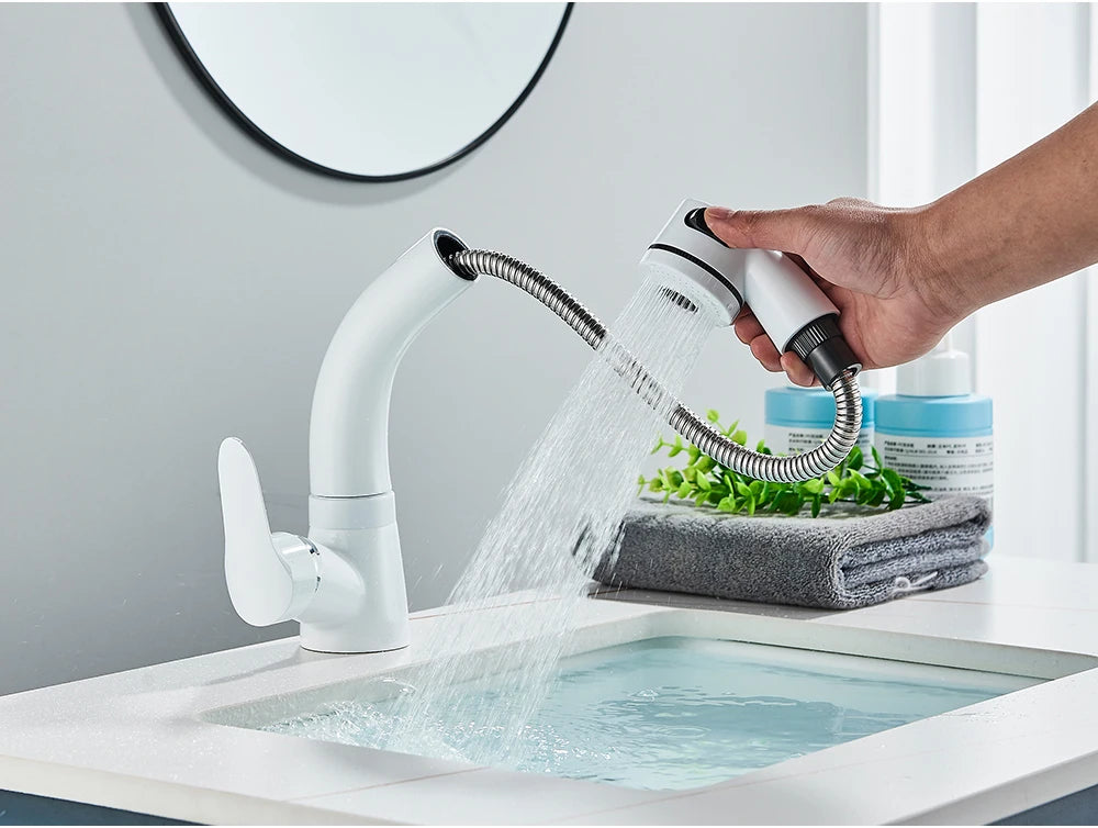 POIQIHY Robinet Lavabo Extractible Noir – Mitigeur Chaud Froid, Rotation 360°, Bec Relevable | Chrome & Noir Salle de Bain