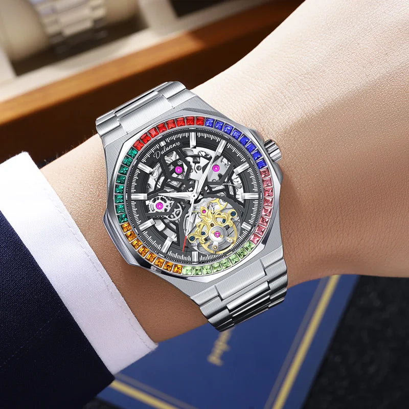 Montre Homme Tourbillon Automatique Mécanique – Lunette Gemmes Arc-en-Ciel Sport Business