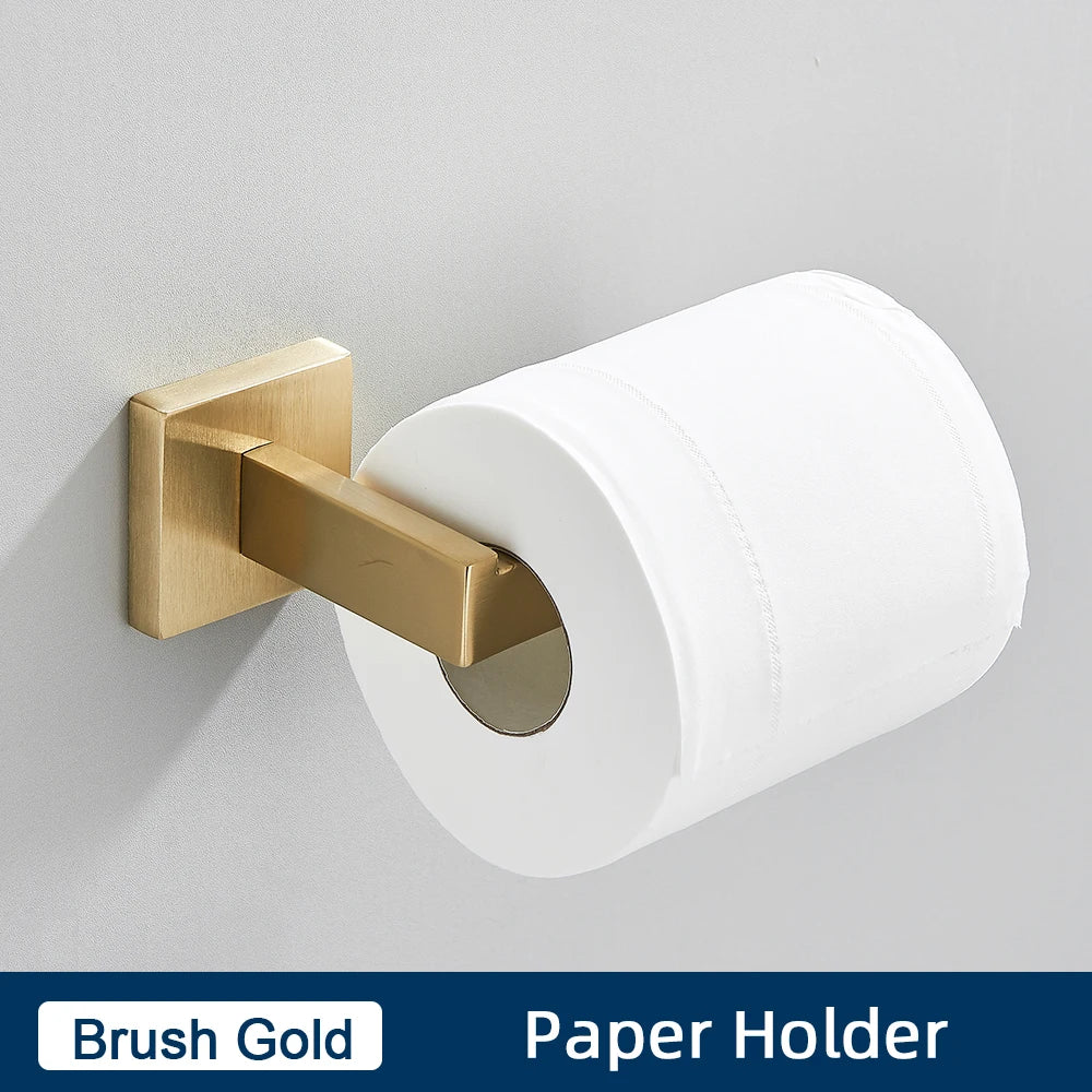Set Accessoires Salle de Bain Inox – Porte-Serviettes, Porte-Papier & Crochet | Noir & Or Mural