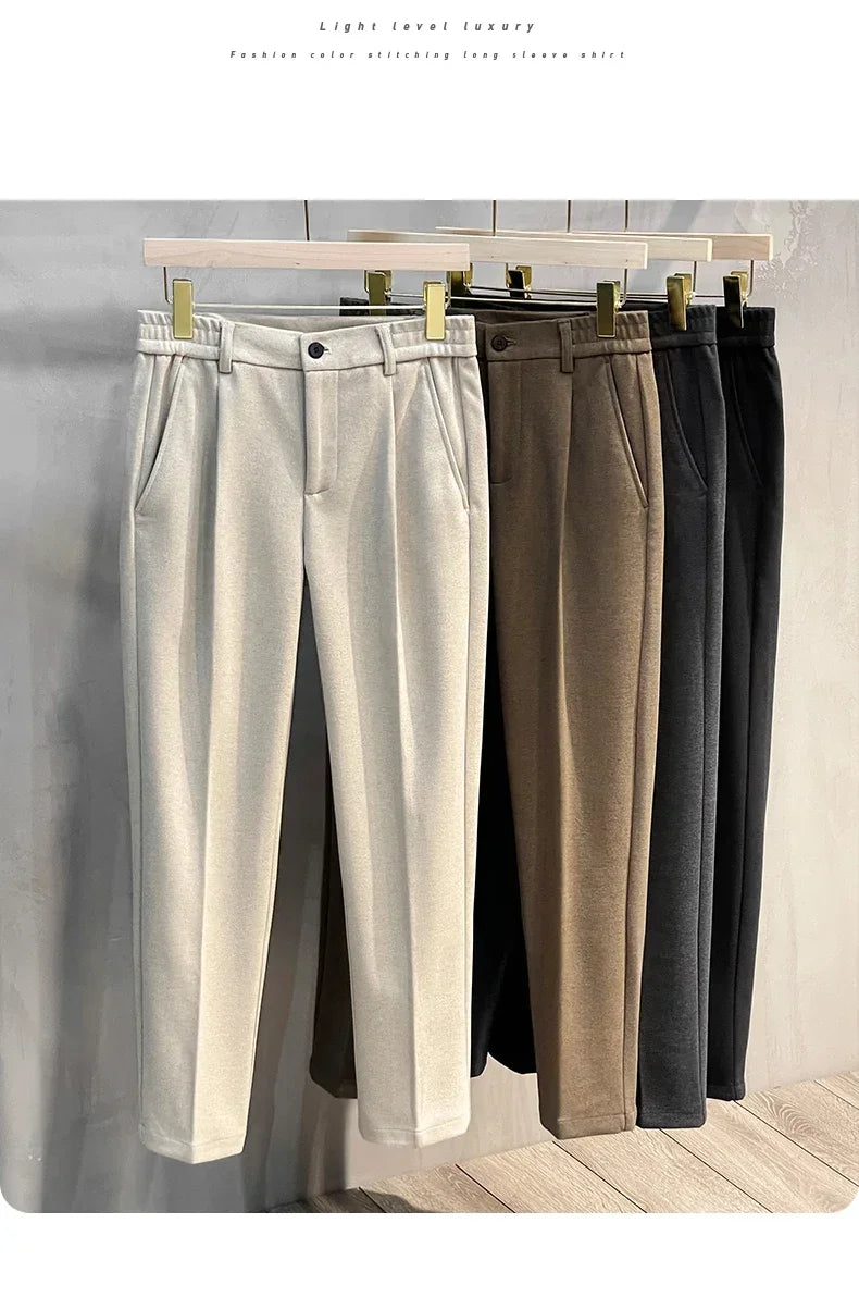 Pantalon Costume Homme Business Droit Laine Épaisse Ceinture Élastique Gris Marron Classique Korean Formal Automne Hiver – Pantalon de Costume Premium Toutes Tailles 28-38 | Mode Homme Business Premium