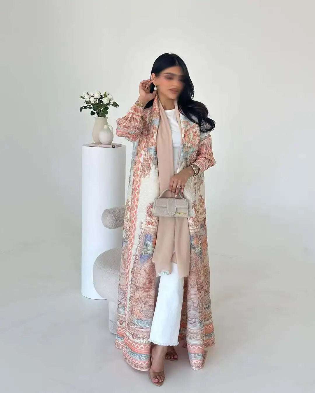 Kimono Cardigan Long Femme Abaya Imprimé Vintage Miyake Fluide Ample – Mode Modesté & Élégance