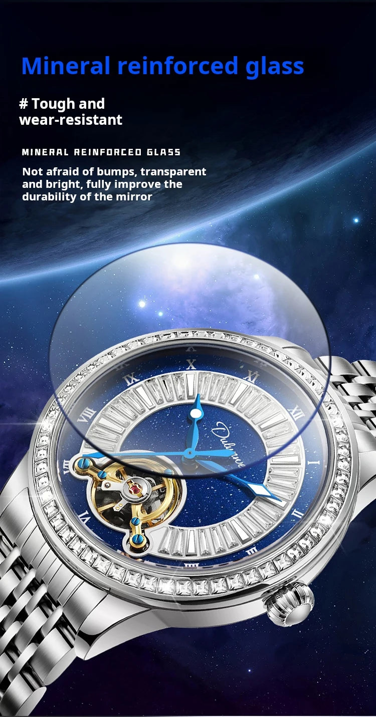 Montre Homme Tourbillon Automatique Mécanique – Cadran Strass Lumineux Sport Étanche Acier