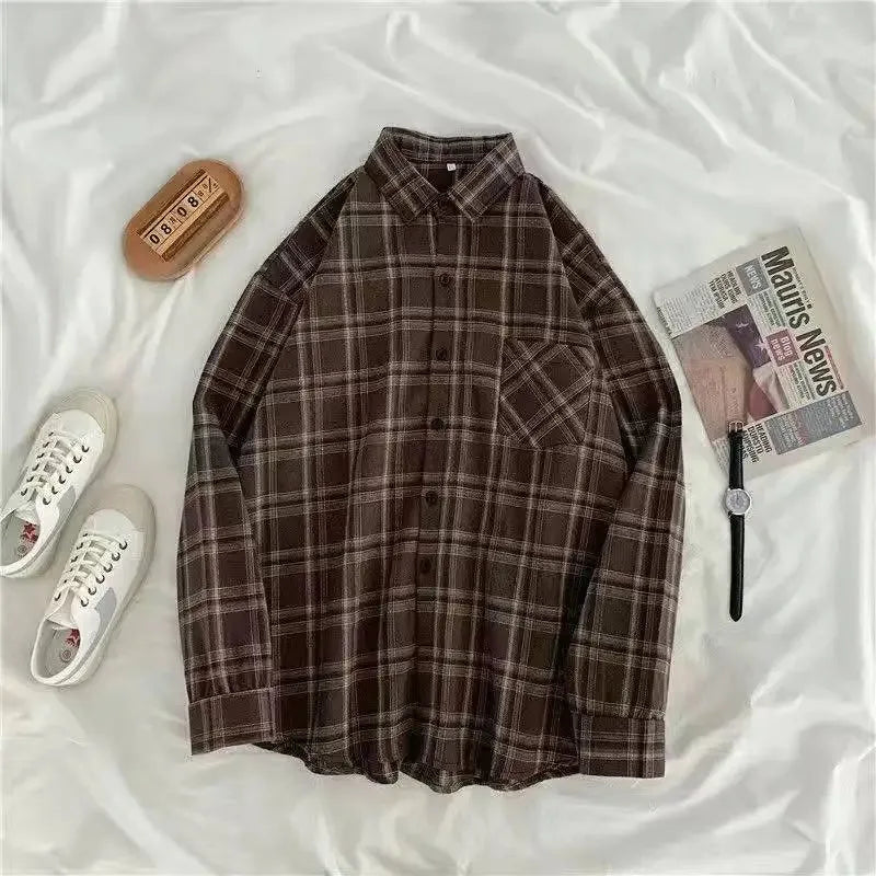 Chemise Femme À Carreaux Vintage Oversize Manches Longues Boutons Style Coréen – Casual Chic Automne | Streetwear