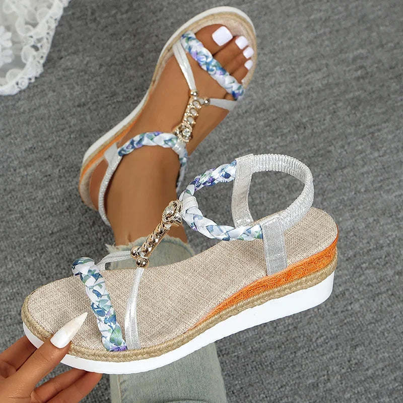 Sandales T-Strap Wedge Mix Color Femme – Bande Élastique Plateforme Bout Ouvert Été