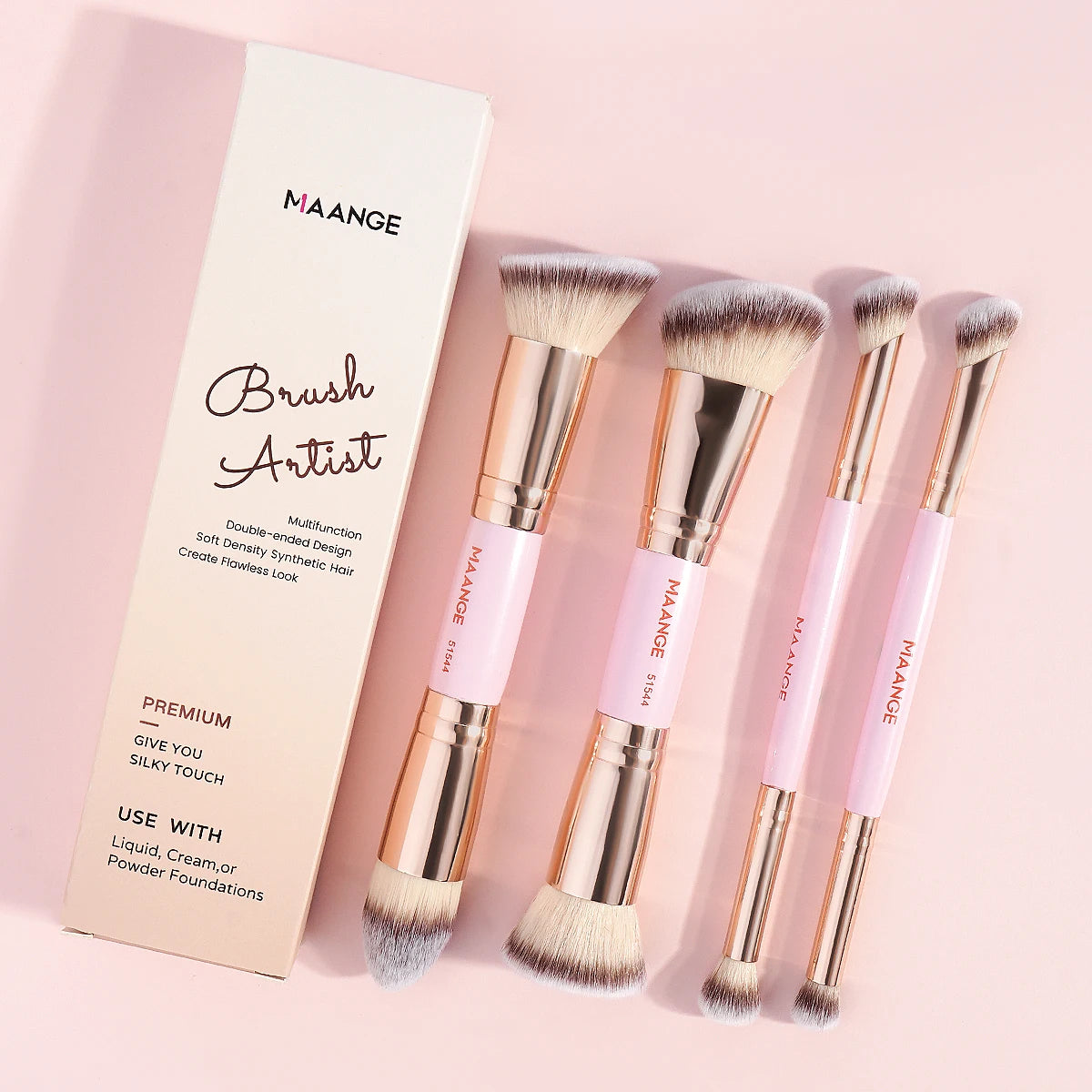 Set 4 Pinceaux Maquillage MAANGE Double Embout – Fond de Teint, Poudre & Fards | Boîte Voyage Débutante
