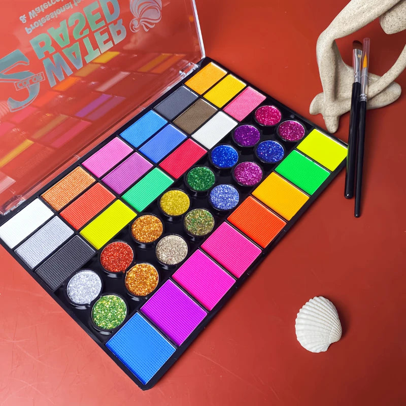 Kit Maquillage Artistique 42 Couleurs – Peinture Visage & Corps UV Néon Fluorescent | Festival Halloween Glitter