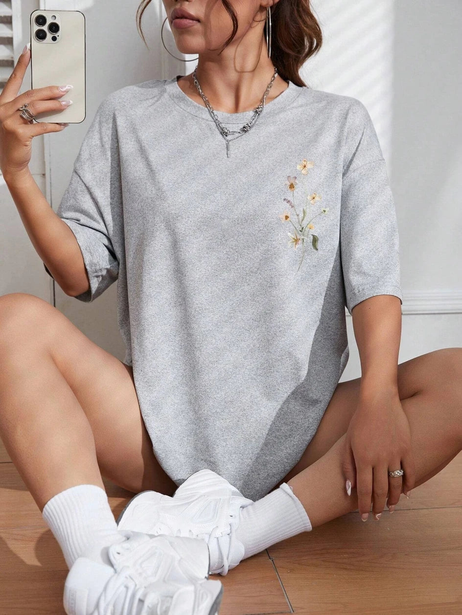 T-Shirt Femme Coton Imprimé Fleurs Manches Courtes Ample Doux Respirant – Top Casual Confortable | Street Style