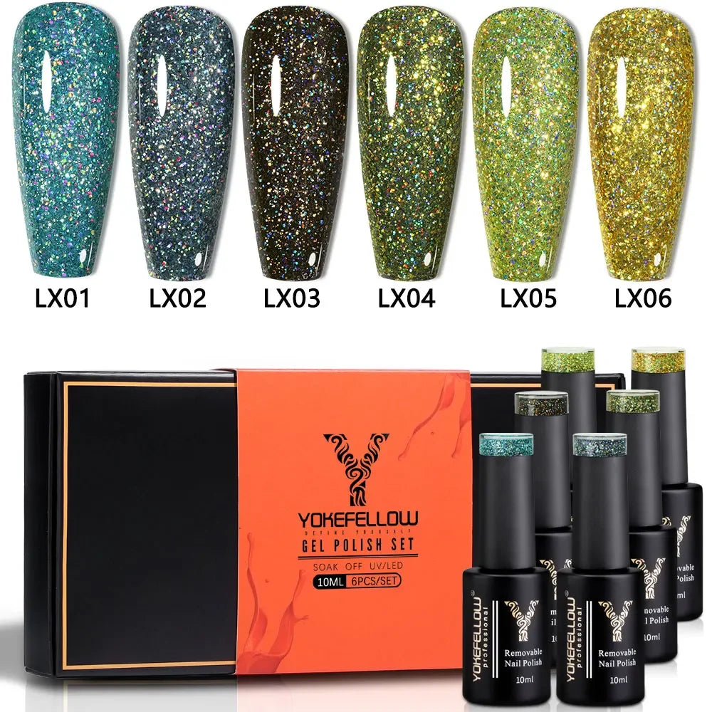 YOKEFELLOW Gel Polish Pastel Pink Glitter 6pcs – Vernis Semi-Permanent Été DIY Salon 10ML