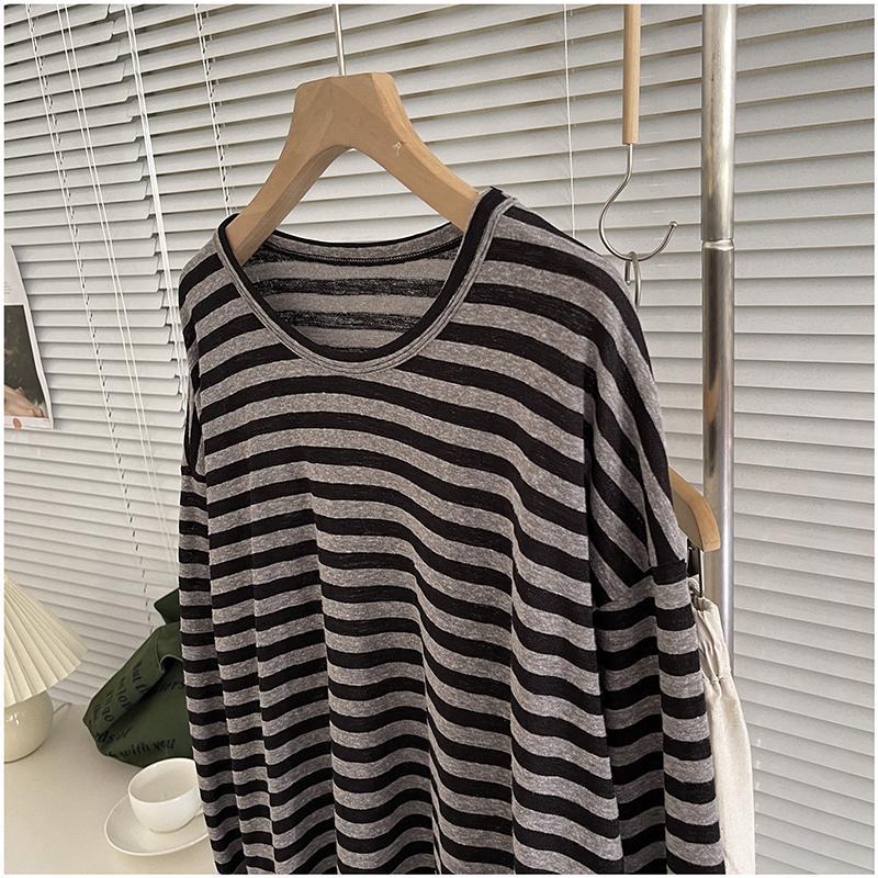T-Shirt Rayé Manches Longues Style Coréen Femme – Col Rond Loose | Casual Chic Printemps Automne