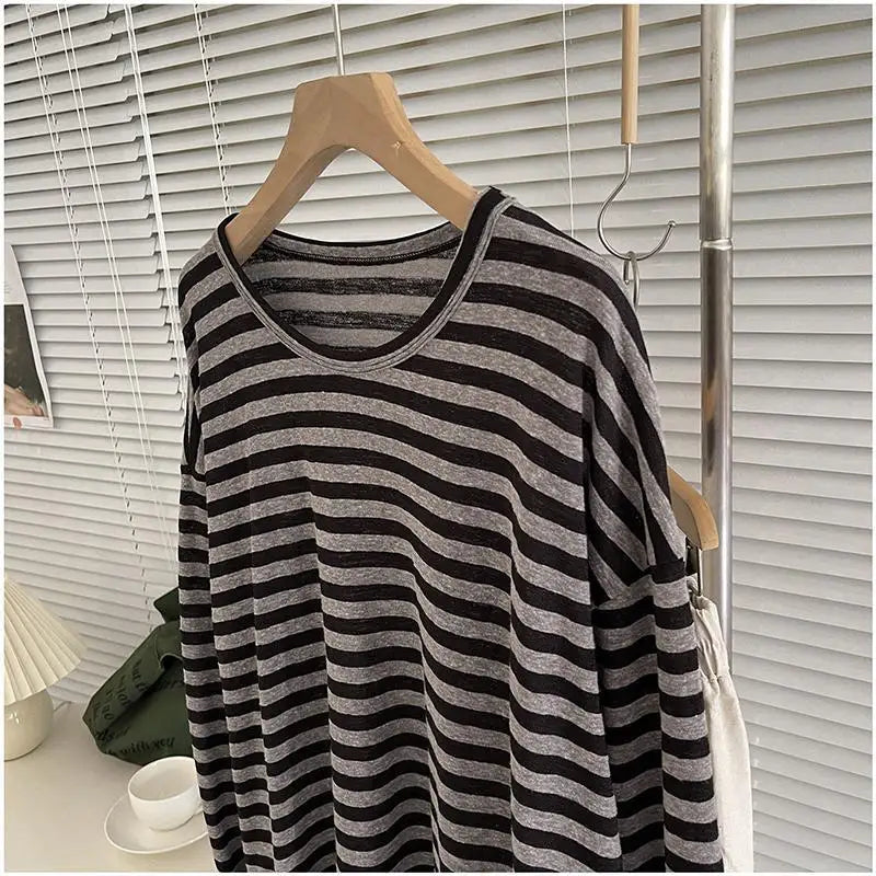 T-Shirt Rayé Manches Longues Style Coréen Femme – Col Rond Loose | Casual Chic Printemps Automne