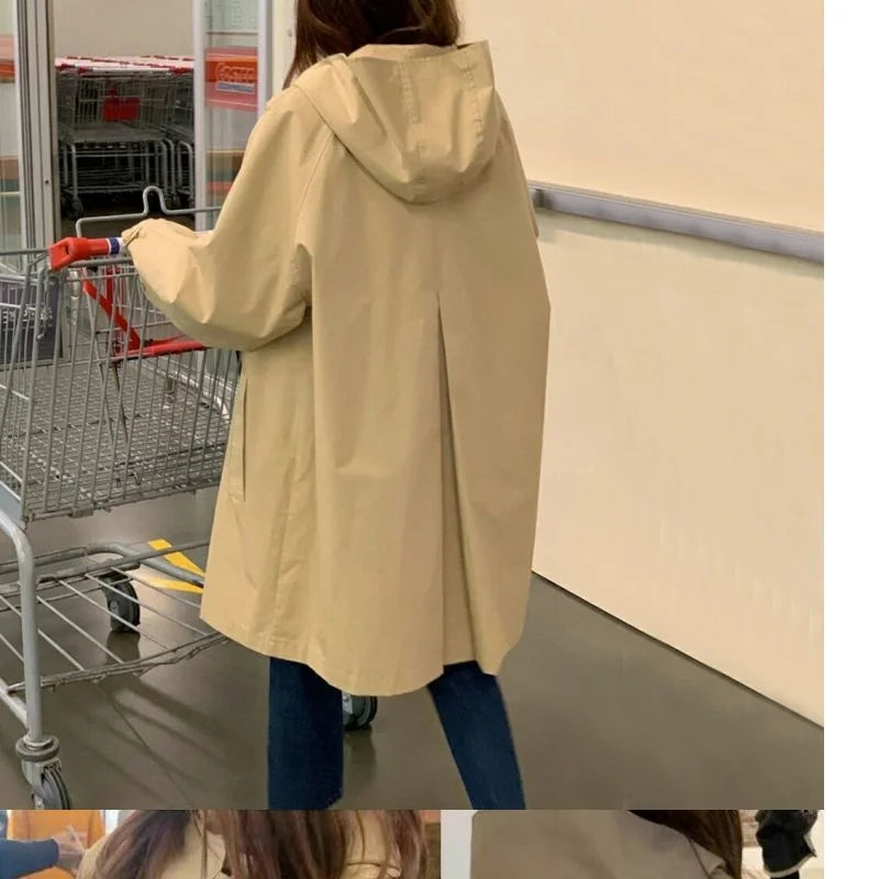 Coupe-Vent Femme À Capuche Loose Doublé Manches Longues – Veste Trench Casual Chic Printemps Automne | Mode Tendance