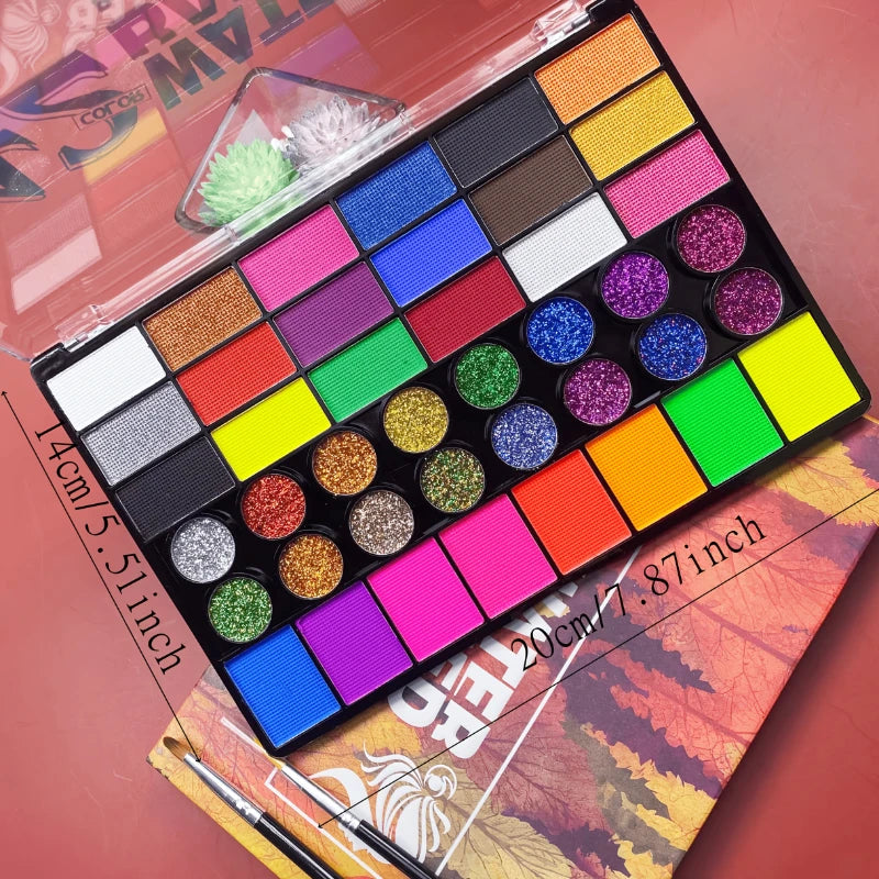 Kit Maquillage Artistique 42 Couleurs – Peinture Visage & Corps UV Néon Fluorescent | Festival Halloween Glitter