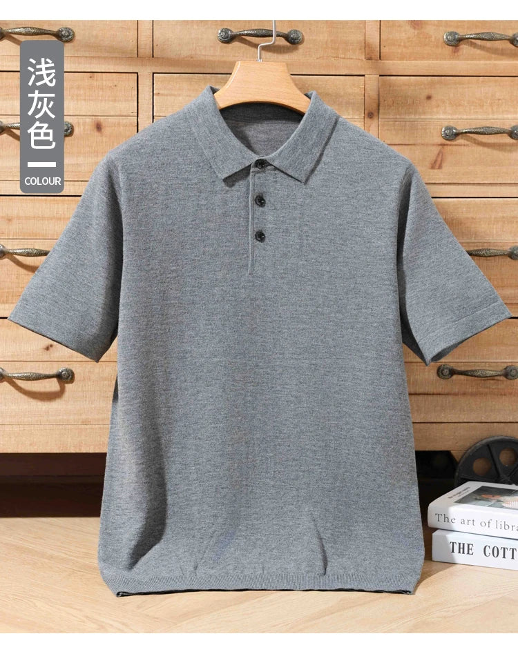 Pull Polo Homme 100% Laine Mérinos – Col Lapierre Manches Courtes Tricoté Loose Été Grande Taille