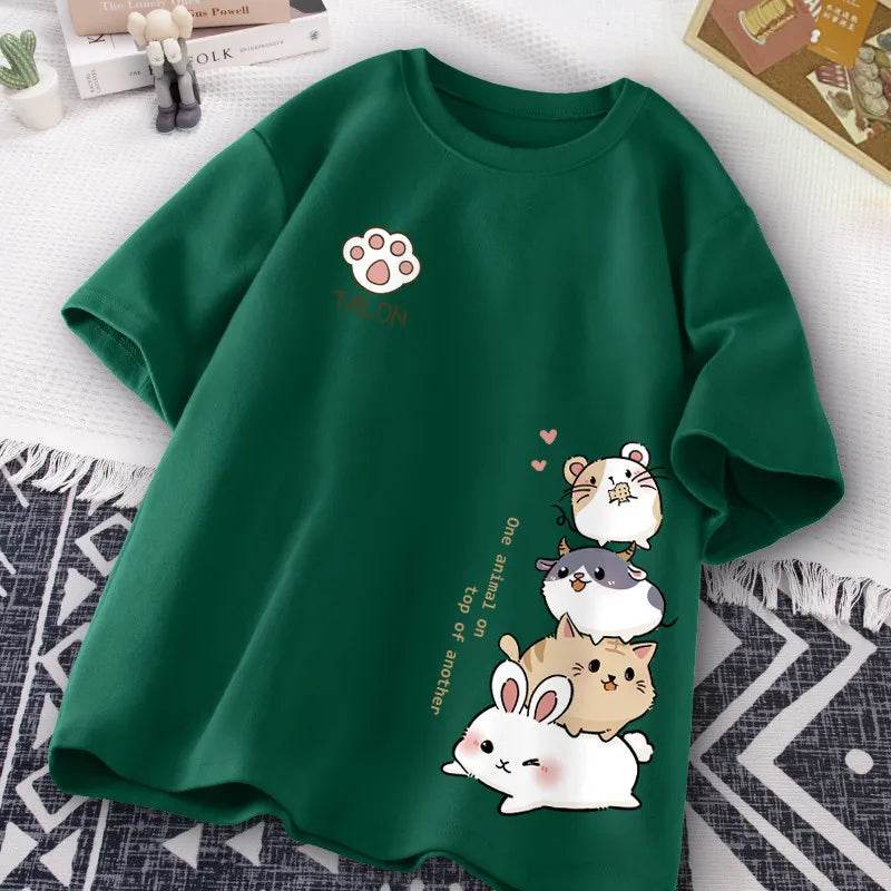T-Shirt Imprimé Hamster Kawaii Style Japonais Femme – Coupe Loose Casual | Été Cute & Doux