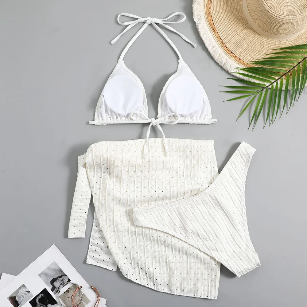 Bikini 3 Pièces Halter Femme Sexy Tanga – Maillot de Bain Avec Paréo Jupe | Blanc Noir Rose Vert Été
