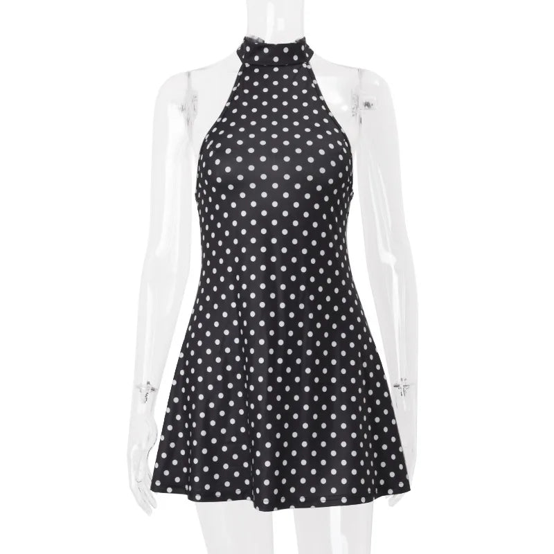 Mini Robe Femme Pois Élégante Épaules Dénudées Dos Nu Taille Haute Halter – Y2K Club & Soirée | Été