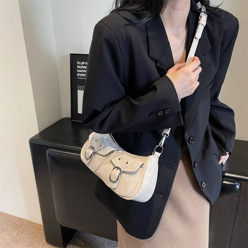 Sac Épaule Femme Cuir PU Double Poches Tendance 2025 – Sac Crossbody Underarm Chic