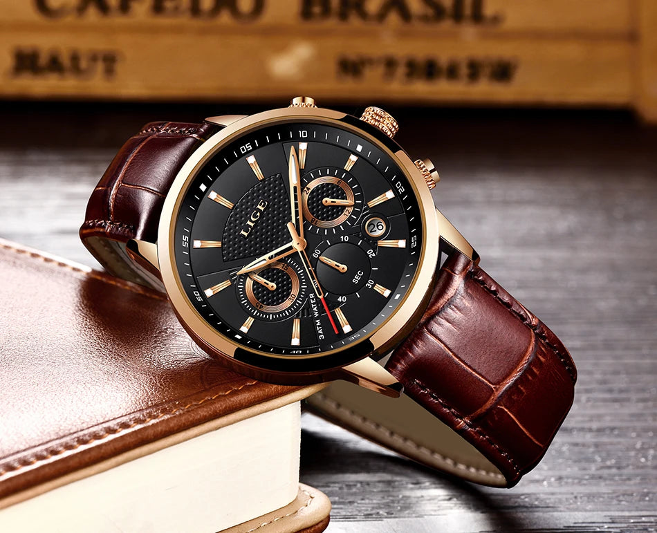 Montre Homme Luxe LIGE Chronographe Quartz Cuir – Business Sport Étanche Date 2025