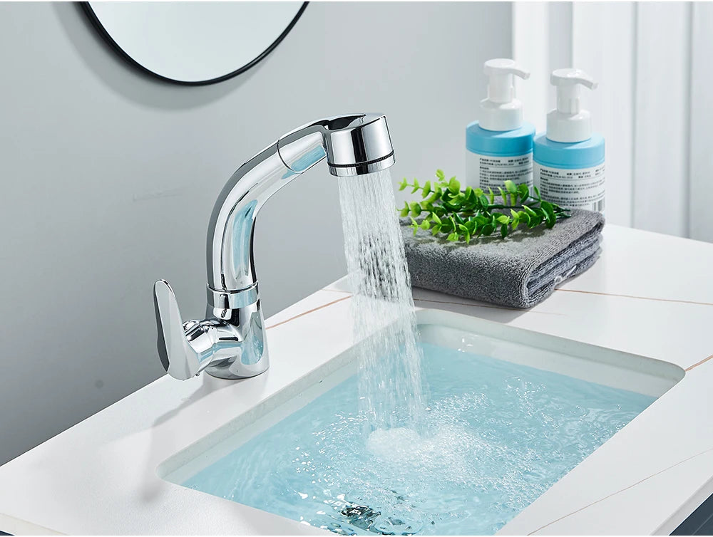 POIQIHY Robinet Lavabo Extractible Noir – Mitigeur Chaud Froid, Rotation 360°, Bec Relevable | Chrome & Noir Salle de Bain