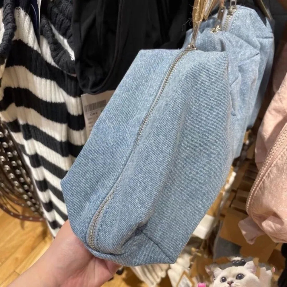 Sac Maquillage Denim Bleu Style Coréen – Trousse Voyage Vintage Zipper | Organisateur Étudiant & Crayon