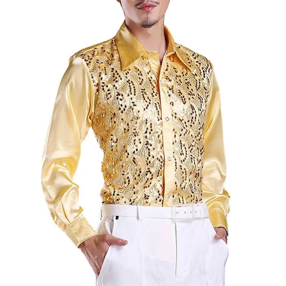 Chemise Homme Luxe Paillettes Scène Mariage Manches Longues Boutonnage Simple – Tenue Formelle Casual Élégante Brillante | Mode Homme Premium