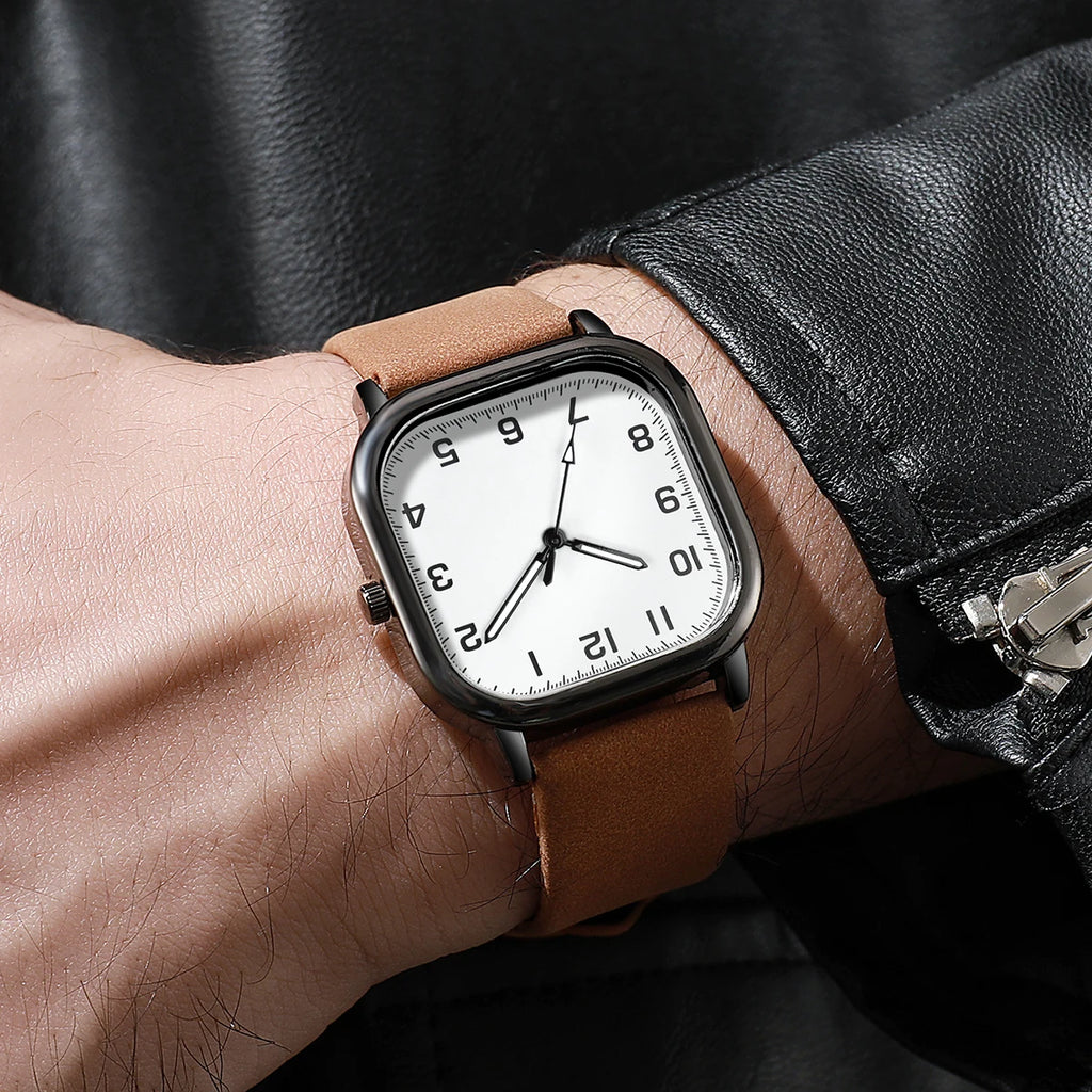 Lot 3 Montres Homme Business Quartz Cadran Carré Chiffres Arabes Bracelet Cuir – Fashion Casual