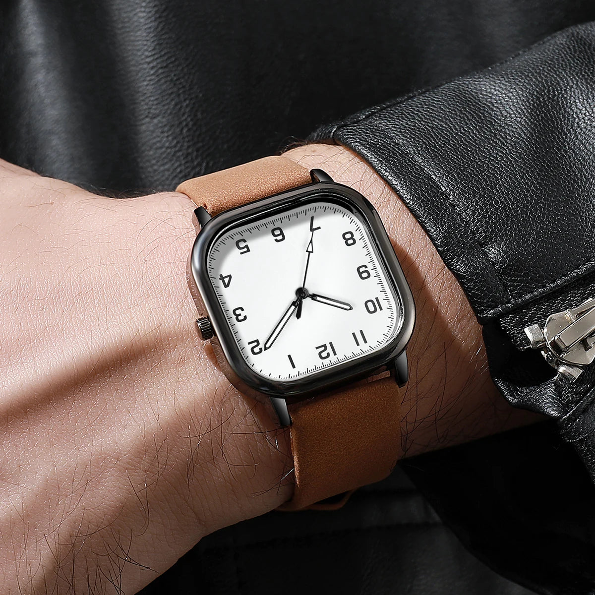 Lot 3 Montres Homme Business Quartz Cadran Carré Chiffres Arabes Bracelet Cuir – Fashion Casual
