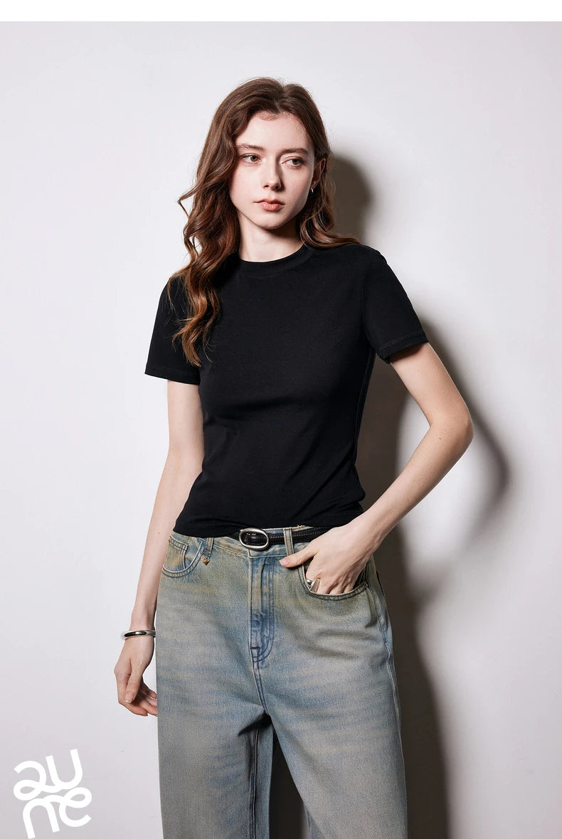 T-Shirt Lyocell Slim Fit Col Rond Manches Courtes Blanc - Basique Premium Polyvalent Printemps | TOYOUTH