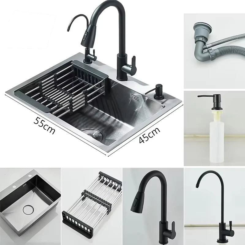 Évier Inox 55x45cm avec Robinet & Distributeur de Savon – Kit Complet Bonde + Panier | Cuisine