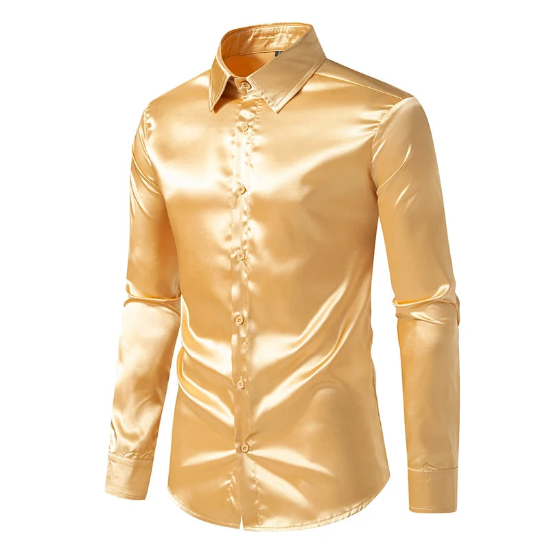 Chemise Homme Satin Noir Luxe Soie Lisse Tuxedo Mariage Soirée Prom Casual Business Bureau Élégante Couleur Unie Premium – Chemise Satin Luxe Cérémonie | Mode Homme Luxe Cérémonie Premium